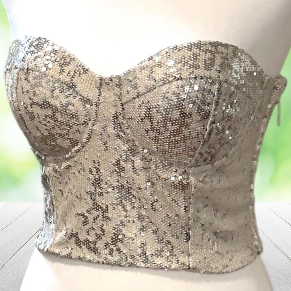 CHARLOTTE RUSSE Sequin Corset Top Strapless Bustier Crop Party Clubwear Gold S